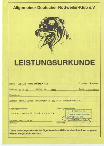 Alice vom Rudental Leistungsurkunde - Page 1