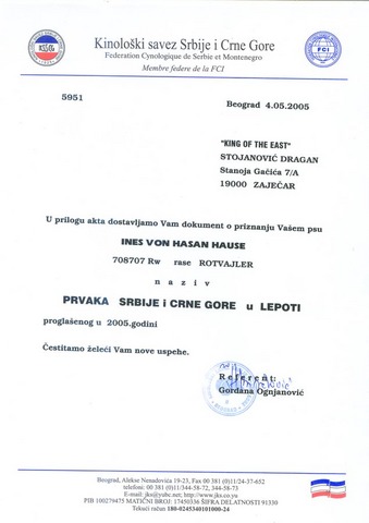 Ines' Champion Certificate