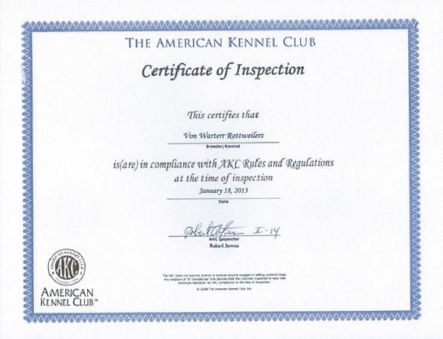 AKC Inspection Certificate